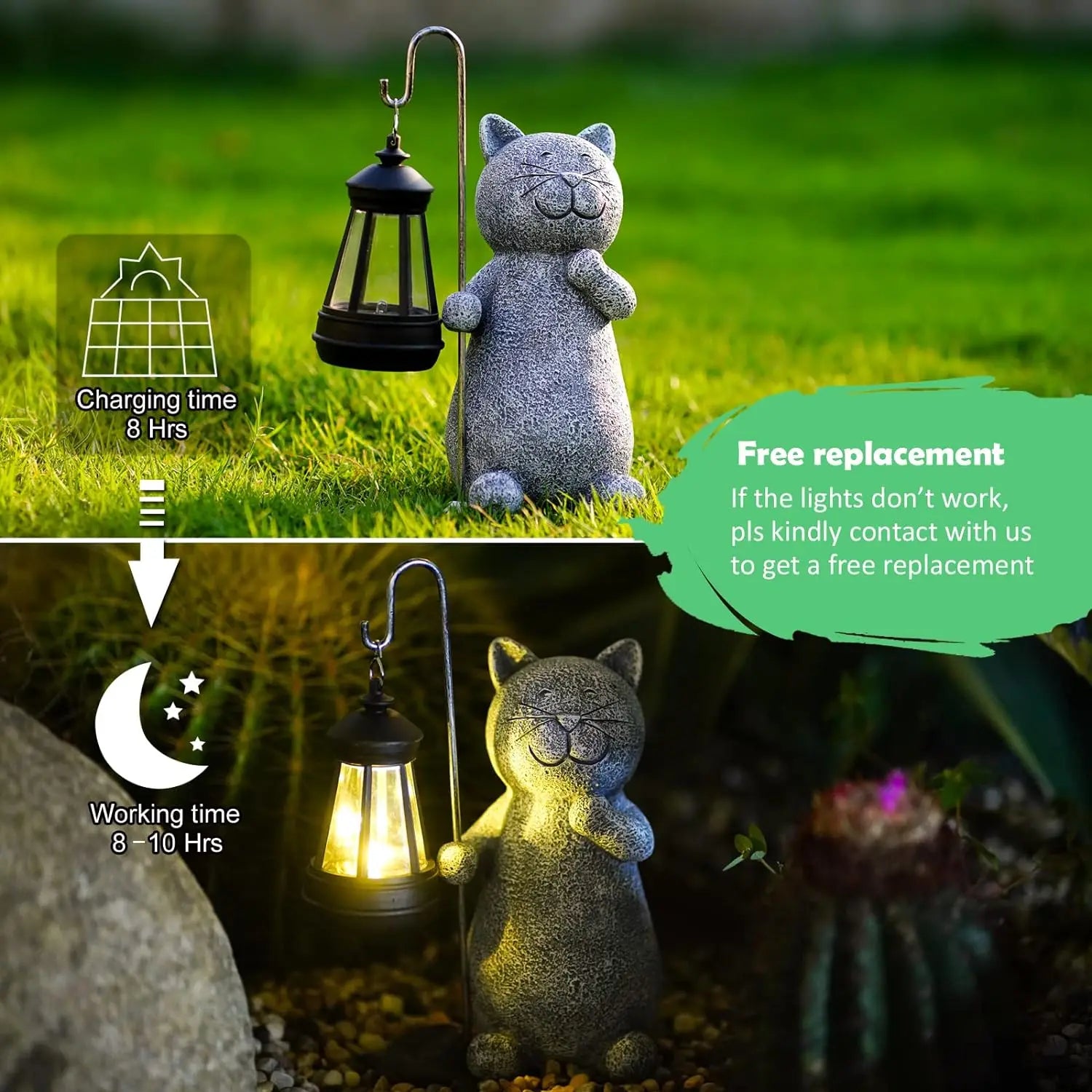 Lantern Cat Solar Resin Statue Waterproof Outdoor Garden Animal Lawn Yard Decorations Gift for Cat Lovers and Animal Enthusiasts