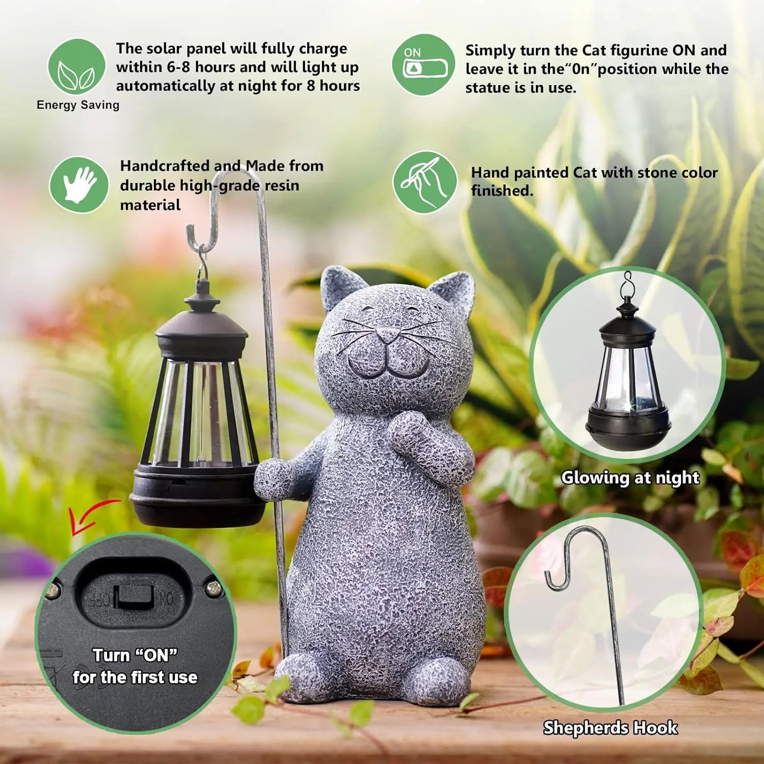 Lantern Cat Solar Resin Statue Waterproof Outdoor Garden Animal Lawn Yard Decorations Gift for Cat Lovers and Animal Enthusiasts