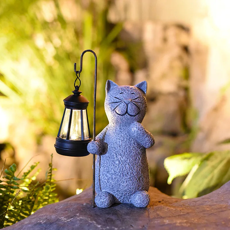 Lantern Cat Solar Resin Statue Waterproof Outdoor Garden Animal Lawn Yard Decorations Gift for Cat Lovers and Animal Enthusiasts