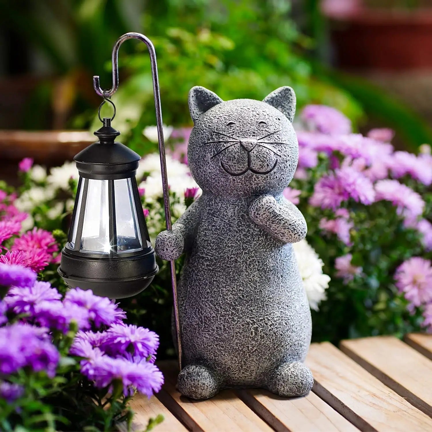 Lantern Cat Solar Resin Statue Waterproof Outdoor Garden Animal Lawn Yard Decorations Gift for Cat Lovers and Animal Enthusiasts