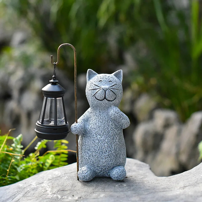 Lantern Cat Solar Resin Statue Waterproof Outdoor Garden Animal Lawn Yard Decorations Gift for Cat Lovers and Animal Enthusiasts