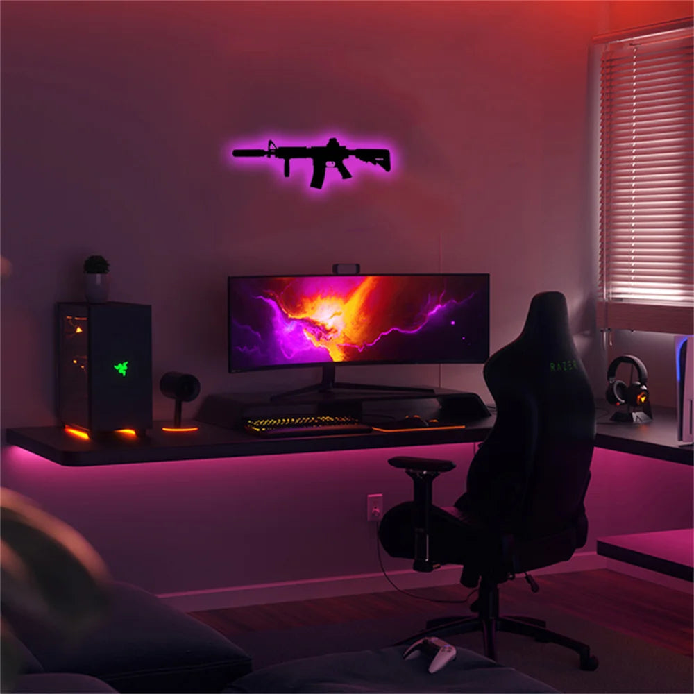 1Pc Silhouette Gun Game over Wall Light Neon Sign Gaming Room Decor for Home Decor Night Light Plaques Birthday Gift Wall Decor